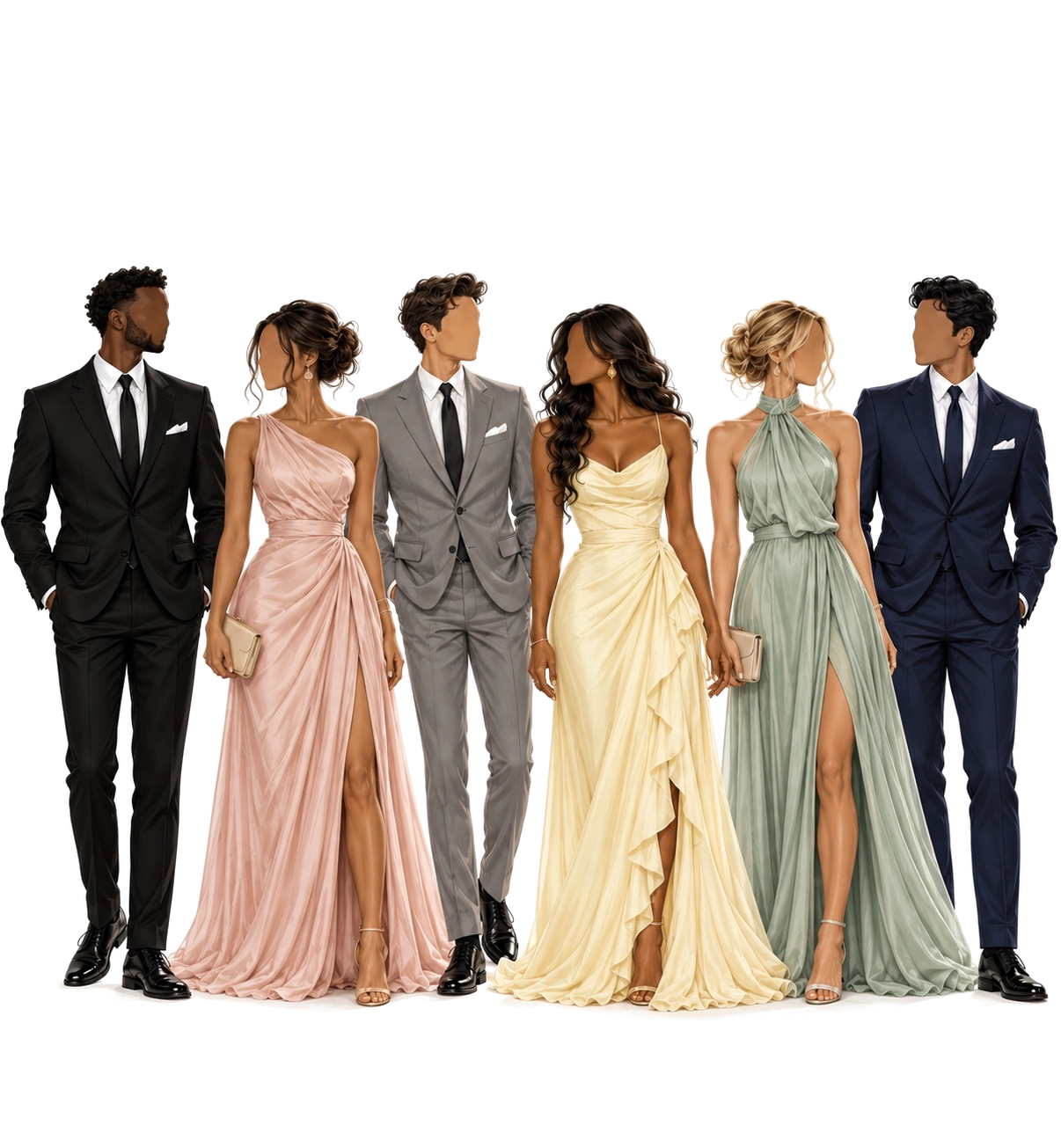Dress code inspiration: black, blush, grey, pale yellow, sage and navy formalwear
